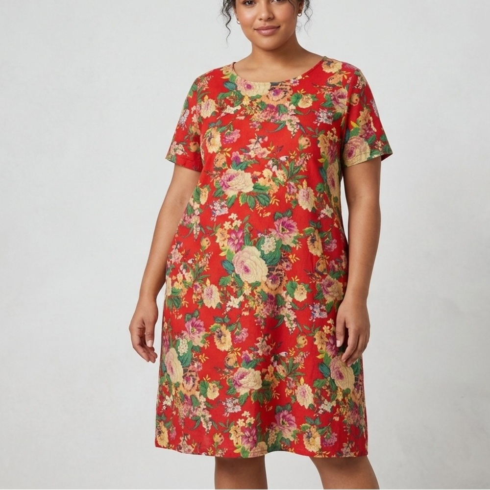 Gracila Floral Midi Dress 3XL Red Cotton Short Sleeve Plus Size Casual